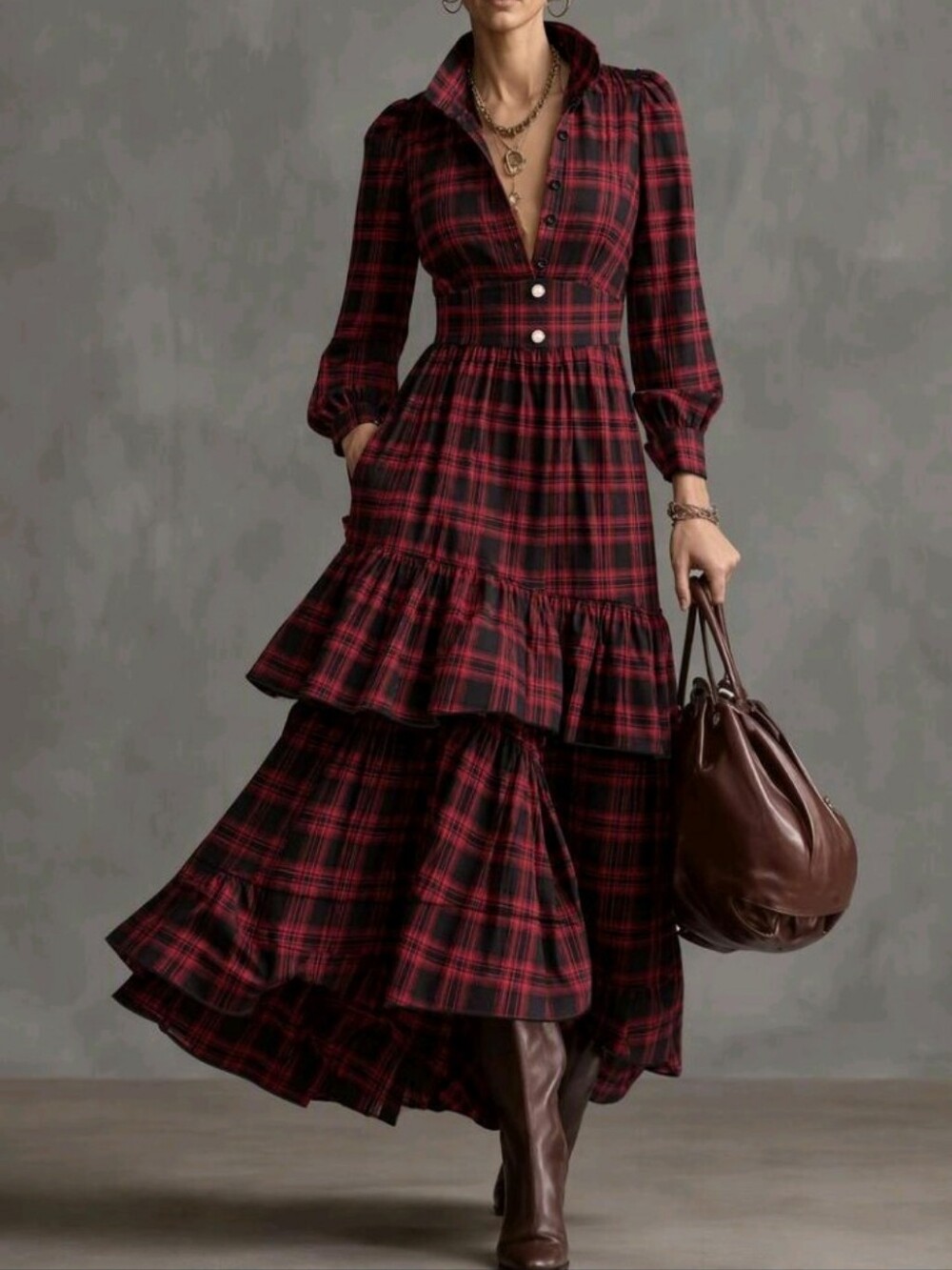 Women's Red Plaid Stand Collar Half-Open Front Long Sleeve Dress